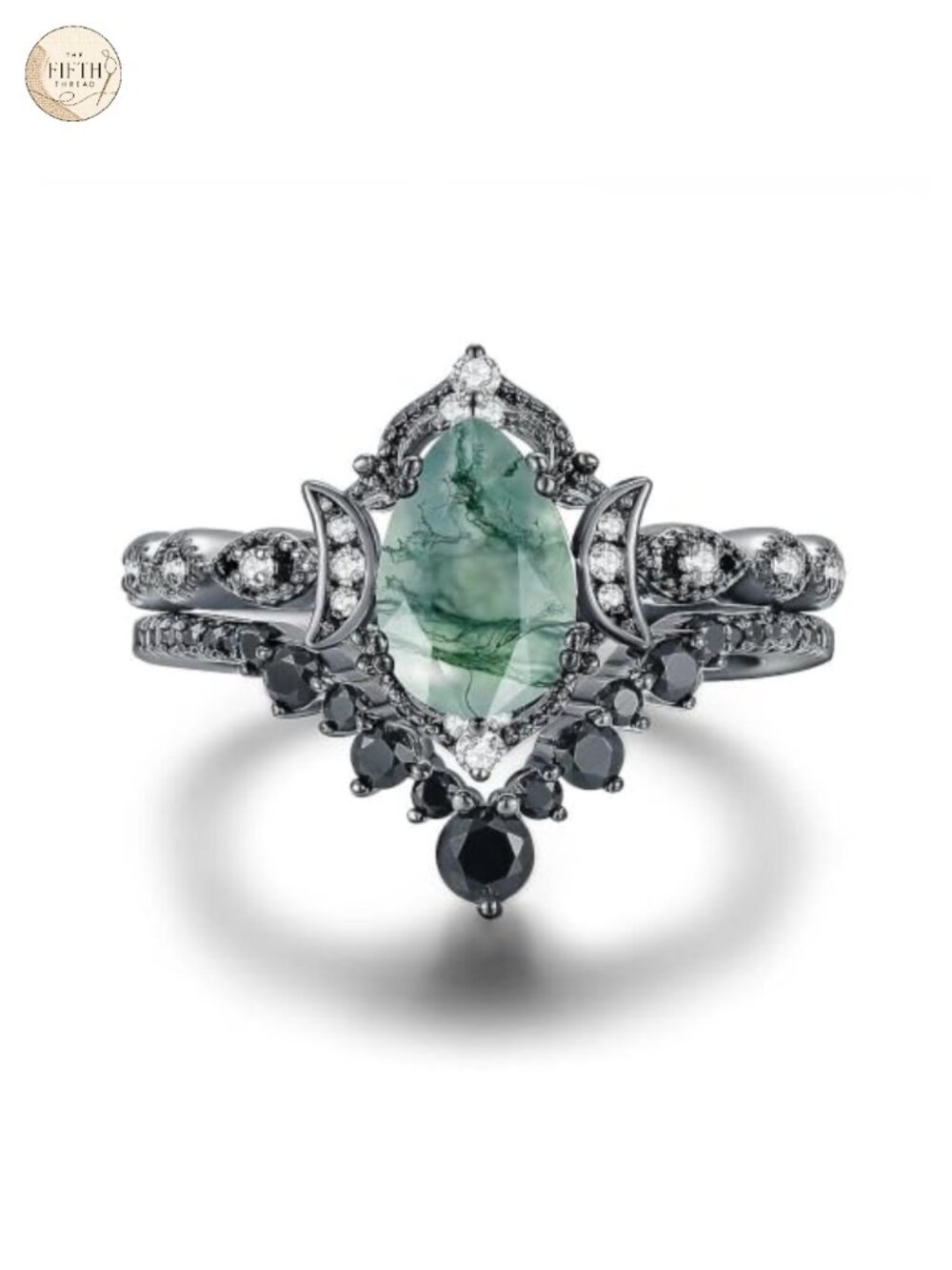 Natural Moss Agate Bridal Wedding Ring Set 925 Sterling Silver 14K Black Gold